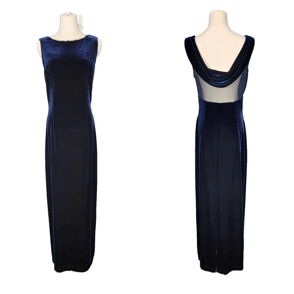 Vintage 90s Y2K Scott McClintock Dress M Blue Velvet Rhinestone Cowl Back Mesh